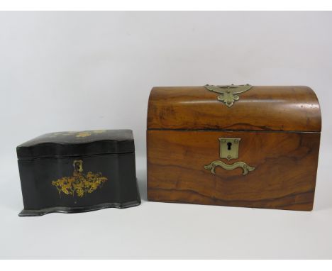Victorian Walnut domed top tea caddy plus a Victorian Papier Mache handpainted tea caddy the largest measures 6.5" tall, 9" w