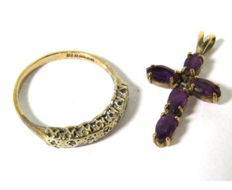 9ct Gold Ring set with Tiny Diamonds in Illusion setting plus a 9ct Gold Amethyst Set Crucifix pendant. Ring is FS 'N'  1.6g