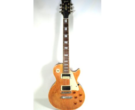 Copy of a Gibson, Les Paul Type Marc Bolan 4777 with Natural wood front and Wine Coloured body to rear. Mother of Pearl Inlay