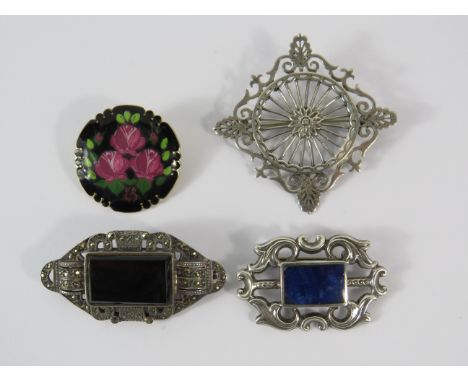 Four Sterling silver vintage brooches, Whitby Jet, lapis, scottish silver and a Norwegian silver and enamel brooch by Aksel H