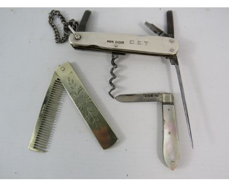Mixed lot to include a Sterling silver bodied muti tool pen knife (broken blades), a sterling silver fruit knife and a pocket