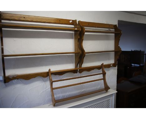 Ercol wall mounted plateracks in Mid Elm.  Largest pair measures H:32 x W:40 x D:6 inches. All in excellent condition. See ph