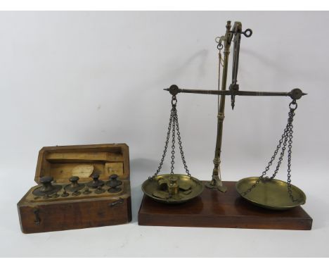 Small set of vintage brass scales by W&amp;T Avery plus a set of dutch brass weights in wooden case.