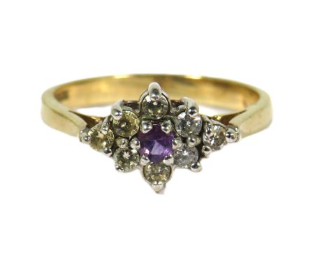 9ct Yellow Gold Ring set with Amethyst and CZ Gemstones.  Finger size 'M-5'   2.2g
