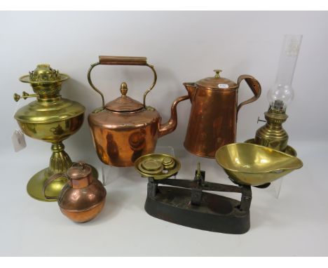 Mixed lot of Copper and brass, Teapot, water jug, oil lamps and scales.