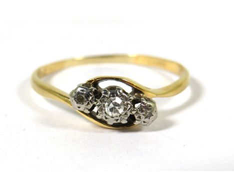 18ct Yellow Gold Ring set with Three Tiny, Illusion Set Diamonds on Platinum mount.  Finger size 'T'   2.0g