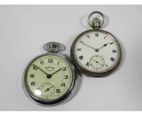 Two Pocket Watches. A Chrome case British Made 'Services' Army Watch with luminous hands and hour spots plus a vintage Silver