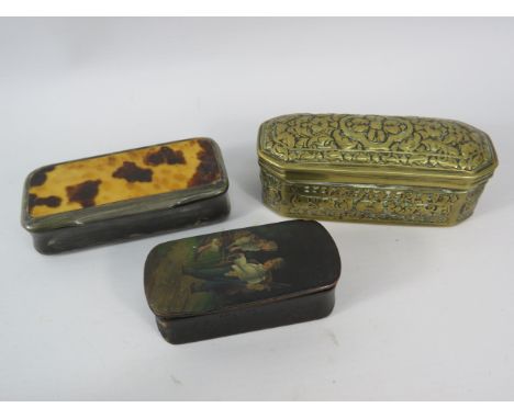 Two vintage snuff boxes and a brass tobbaco box.