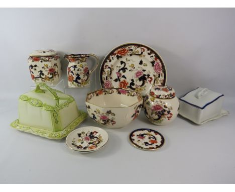 Seven pieces of Masons Ironstone Blue Mandalay plus two vintage butter dishes.