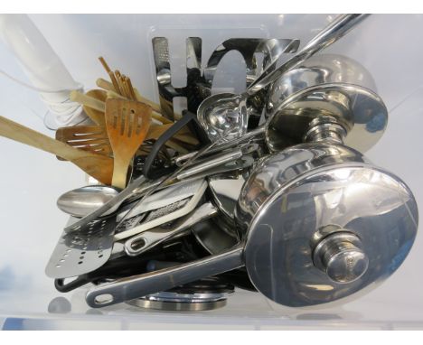 Large box of Kitchen items, Pans, Utensils, scales etc.