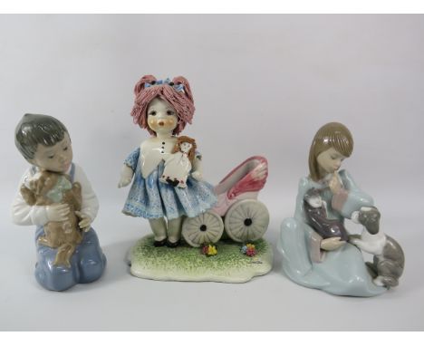 Zampiva Italian pottery figurine of a girl with doll and pram plus Nao &amp; Lladro figurnes of chidren with animals
