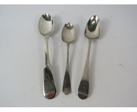 Two Georgian silver teaspoons and one Russian silver teaspoon, total silver weight 54.3 grams.