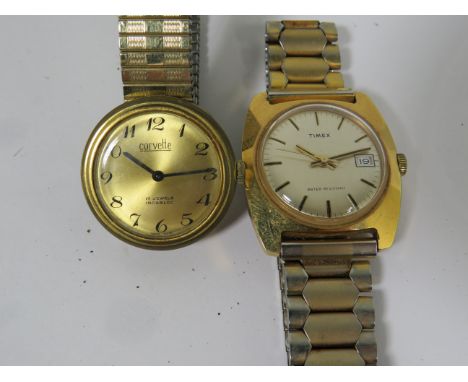 Two Vintage Watches, A Corvette 17 Jewel Incabloc watch with Gold tone body and expanding Gold tone strap plus a Timex water 