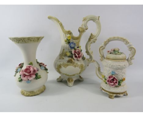Three large pieces of Capodimonte pottery, Jug, teapot and vase. The tallest stands 13".