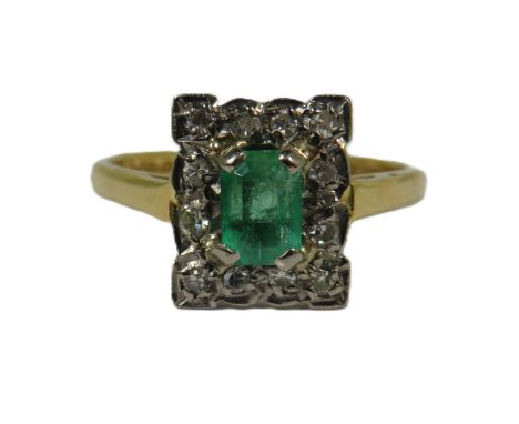 Vintage Emerald &amp; Diamond Set Art Deco Style Ring.  Emerald measures approx 5 x 4mm with inclusion to centre, 12 Small Di