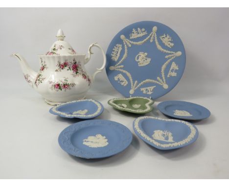 Royal Albert lavender rose teapot and a selection of Wedgwood Jasperware.