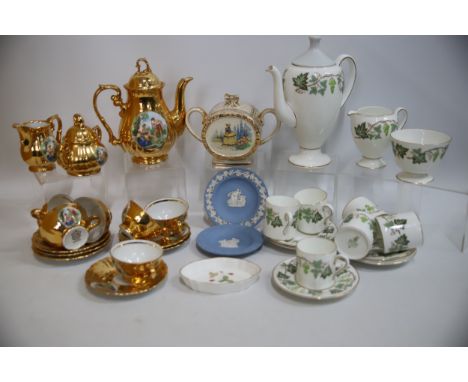 Mixed ceramics including Wedgwood coffee set, Sadler teapot, Gold German teaset etc.