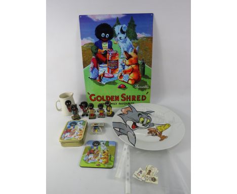 Collection of Robertson jam / Golden shred collectable items, figurines, tin sign etc & a Tom and Jerry plate. Notice from th