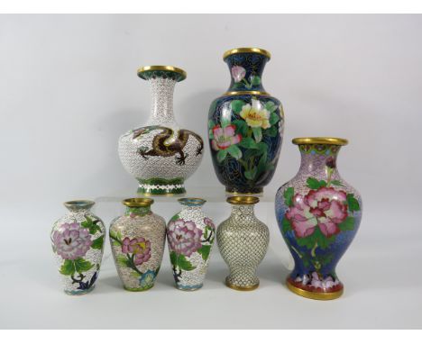Selection of chinese Cloisonne enamel vases, the tallest stands 6".