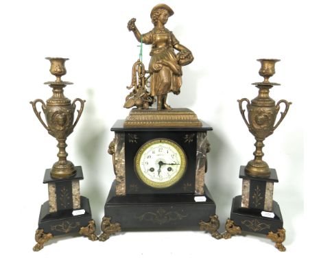 Lovely 19th Century French made Mantle Clock with Spelter decoration to top with matching Slate and Marble Garniture. Clock m