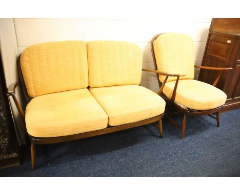 Ercol 'Windsor' Two Seater Settee and matching chair. Both in exceptional condition.. H:30 x W:52 x D:28 inches (Settee) PLEA