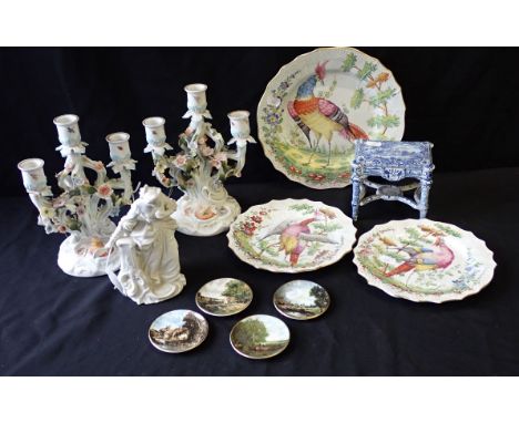 A CONTINENTAL BLANC DE CHINE FIGURINE woman holding a fan, a Delft miniature table (a/f), and other items (examine)