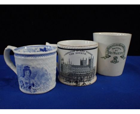 A WILLIAM IV COMMEMORATIVE MUG black transfer printed with portrait and view of the Abbey with 'Bishops Royal Pavillion' (cra