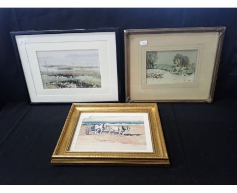 ARTHUR R BRADBURY (1892-1978) three watercolours, a coastal scene, a snow scene and working horses on a beach, largest 37 x 2