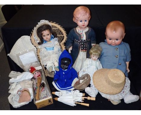VARIOUS COMPOSITION AND PLASTIC HEAD DOLLS and accessories, and a Pelham puppet