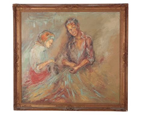 CATY BARCELO (20TH CENTURY SPANISH) - PORTRAIT OF AN ELDERLY COUPLE oil painting, canvas 108cm high x 101cm wide, in gilt swe