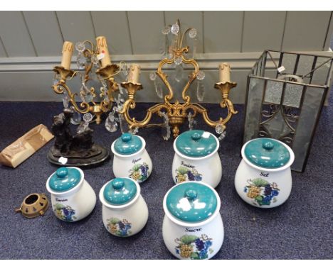 TWO SIMILAR DOUBLE WALL LIGHT APPLIQUE modern, with cut glass pendants, with a set of ceramic storage jars and a late cast of
