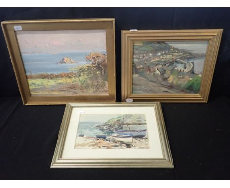 ARTHUR R BRADBURY (1892-1978) a watercolour of boats on a beach, and two oil sketches of coastal scenes, largest 35 x 30 cms
