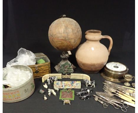 A QUANTITY OF BRITAINS LEAD FIGURES including garden flowerbeds, fencing etc, a reproduction French paper covered table globe