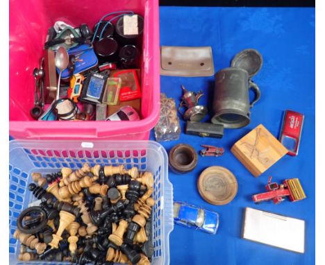 A BOX OF MIXED COLLECTIBLES including photographic equipment, pen knives, tools, toys, smoking equipment etc., with a collect