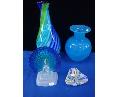 A LARGE ART GLASS VASE 39cm high (base cut for a lamp), a blue glass vase, a Cristal d'Arques peacock, and a latticino glass 