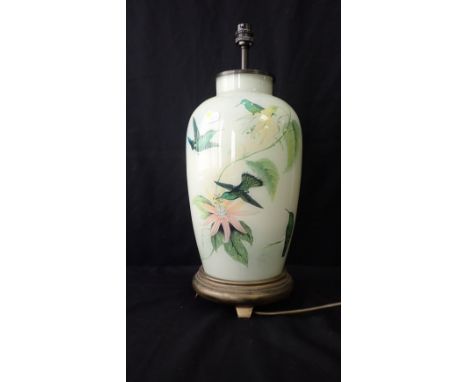 A DECORATIVE LAMP, OF VASE FORM decorated with Humming birds 40cm plus fitting