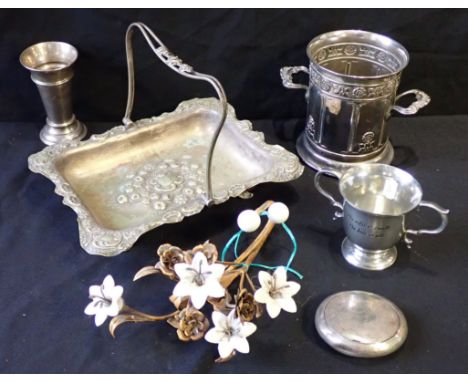 A SILVER-PLATED BOTTLE STAND and other items, including a pair of coat hooks with ceramic flower mounts