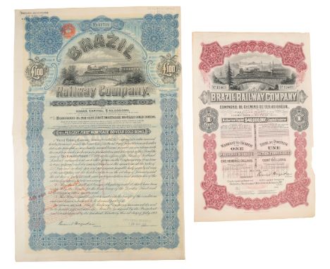 TWO BRAZILIAN RAILWAY COMPANY BONDS share no. 12463 and A11732, one stamped 1970 Capital Distribution 5% paid (2)