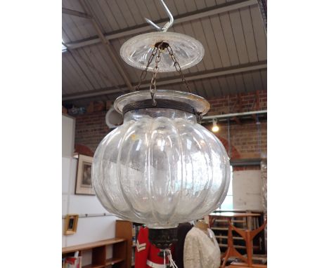 A GLASS HANGING HALL LANTERN of pumpkin form, with pressed glass smoke catcher, the globe stamped 'Val St. Lambert, Made in B