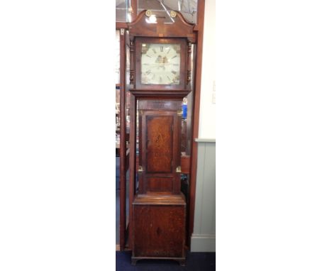 A 19TH CENTURY OAK AND MAHOGANY CASED 30 HOUR LONGCASE CLOCK with painted 30cm dial (small veneer losses, repairs)