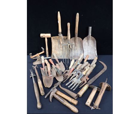 A COLLECTION OF VINTAGE GARDEN HAND TOOLS hand forks etc. and other tools. Provenance: The Richard Pratley Collection of Engl