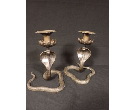A PAIR OF 'NIELLO' BRONZE SNAKE CANDLESTICKS 22cm high