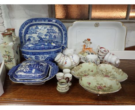 A LARGE 19TH CENTURY WILLOW PATTERN TUREEN AND LADLE a similar meat plate, and other decorative ceramics