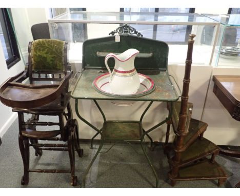 A 19TH CENTURY FRENCH METAL WASH STAND with jug and basin, with a child's metamorphic high chair, and a set of reproduction l