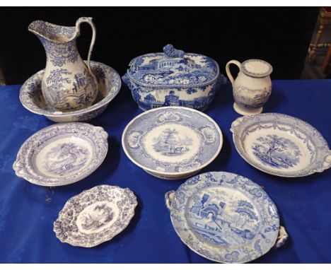 A BLUE AND WHITE SPODE COVERED SERVING DISH with three blue and white footed dishes, a washstand jug and basin and other Vict