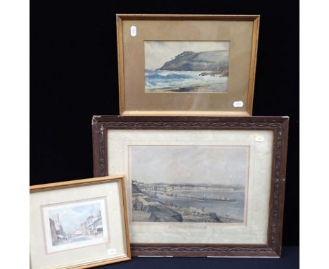 A 19TH CENTURY LITHOGRAPH OF WEYMOUTH PIER a print of Dorchester, and a watercolour coastal scene (3)
