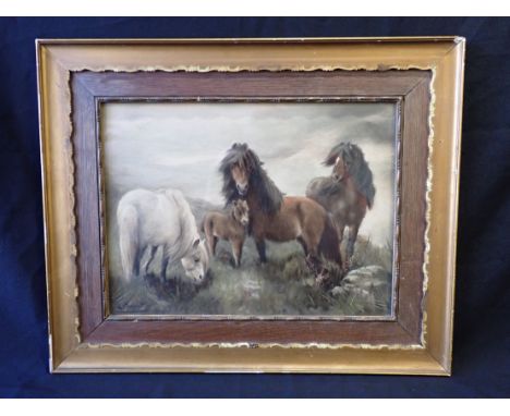 L. CHEVIOT (19TH/20TH CENTURY), WILD HORSES colour print, 29cm x 39cm, in oak and gilt frame and glazed 