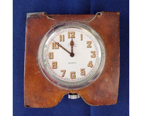 A MAPPIN TRAVEL CLOCK, BROWN LEATHER SURROUND (FROM A VANITY CASE) 