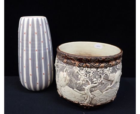 A POOLE POTTERY STRIPED VASE 25cm high, and a relief-moulded jardiniere (2)