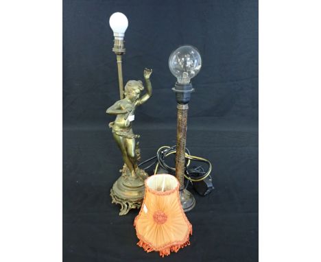 AFTER MOREAU - A LATE 19TH CENTURY GILT SPELTER ELECTRIC TABLE LAMP modelled as a standing flautist, 50cm high, with silk sha